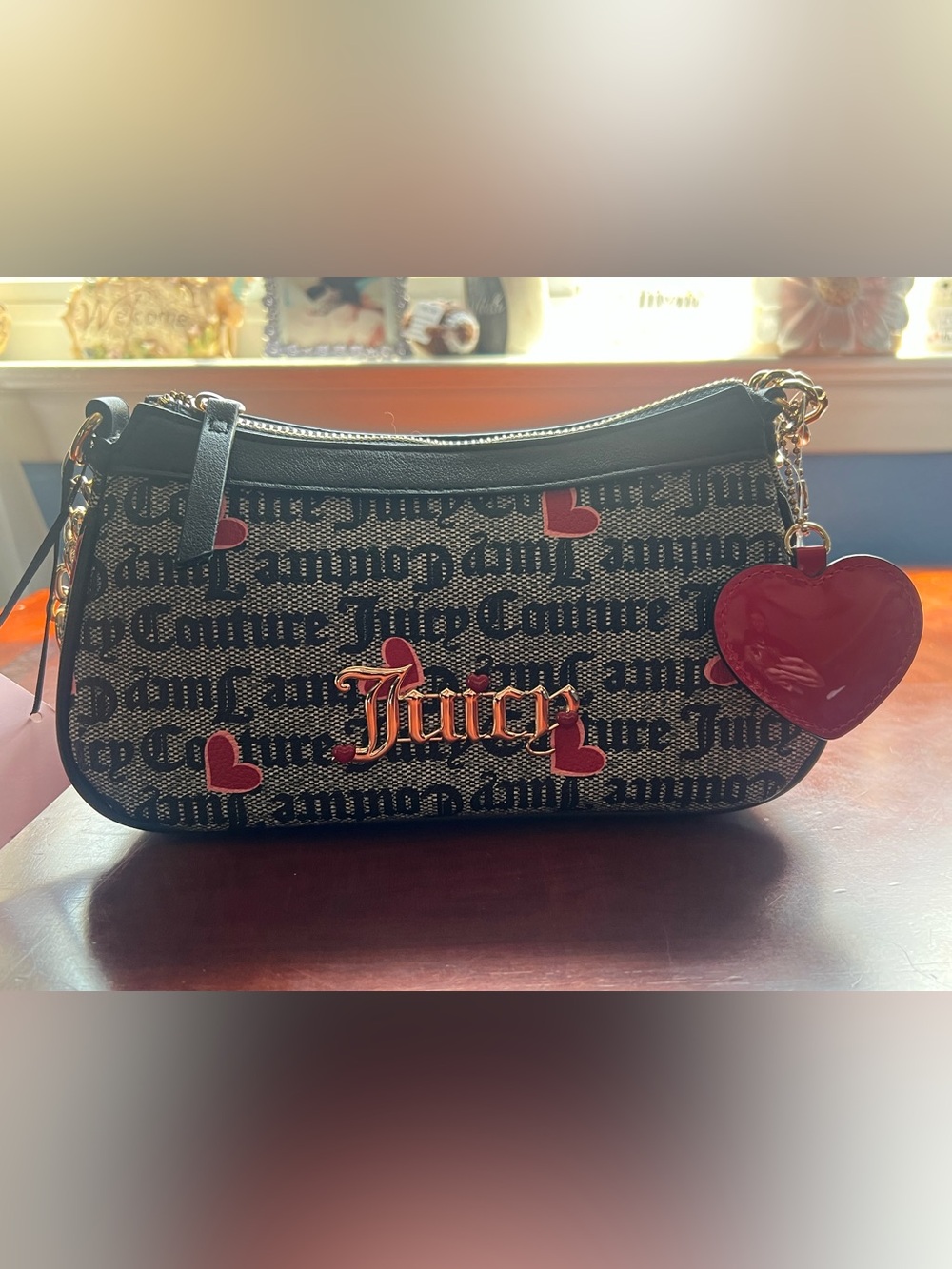 Juicy Couture Black Shoulder Bag with Red Heart Accents